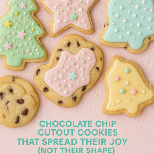 A pastel-themed holiday scene with soft chocolate chip cutout cookies decorated in pink, mint, and yellow icing. The top overlay reads 