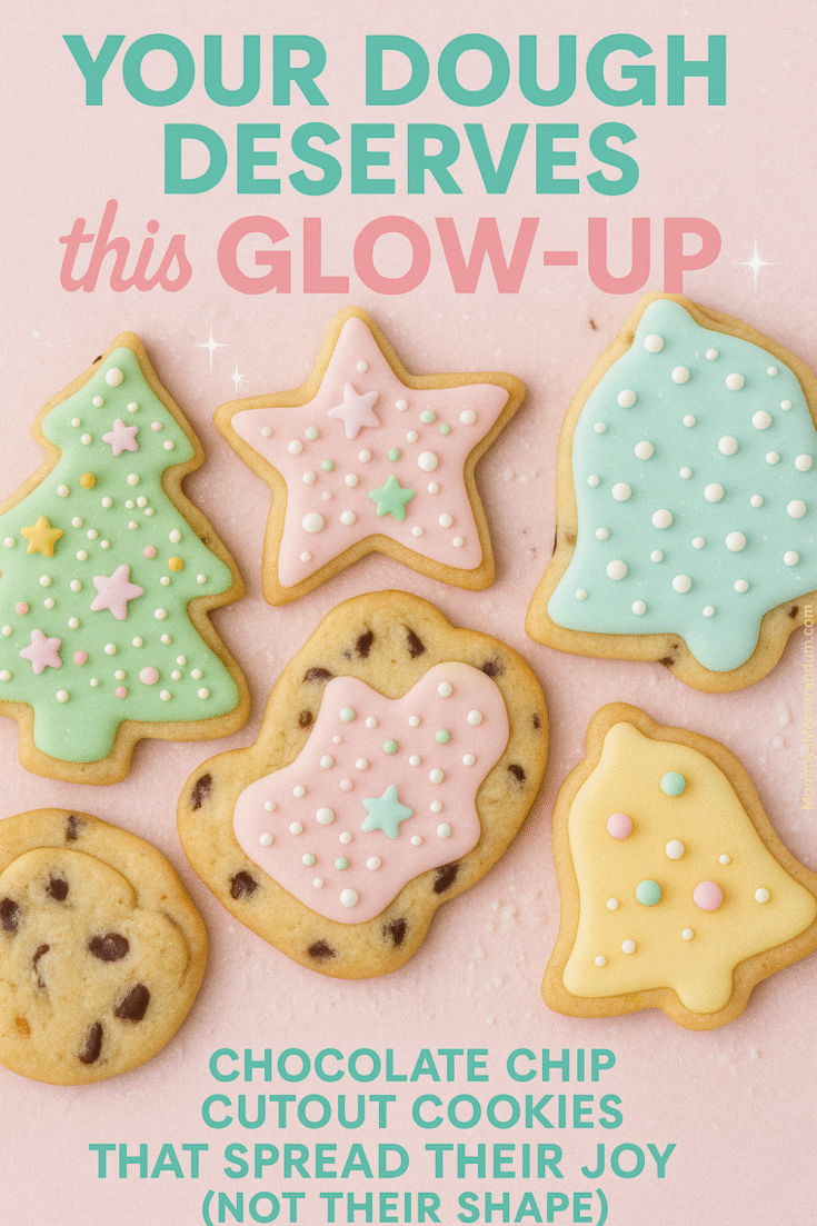 A pastel-themed holiday scene with soft chocolate chip cutout cookies decorated in pink, mint, and yellow icing. The top overlay reads "Your Dough Deserves This Glow-Up" with a sparkle filter, and the bottom subtitle says "Chocolate Chip Cutout Cookies That Spread Their Joy (Not Their Shape)." 
