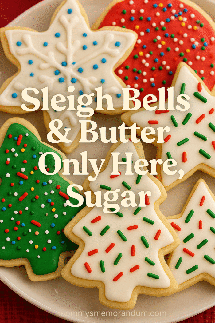 plate of decorated soft cutout sugar cookies on a plate with overlay, "Sleigh Bells & Butter Only Here, Sugar"