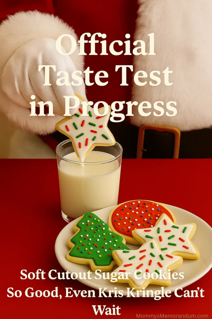Santa Claus dips a star-shaped sugar cookie with red and green sprinkles into a glass of milk, next to a festive plate of decorated holiday cookies including stars and Christmas trees on a red tablecloth.