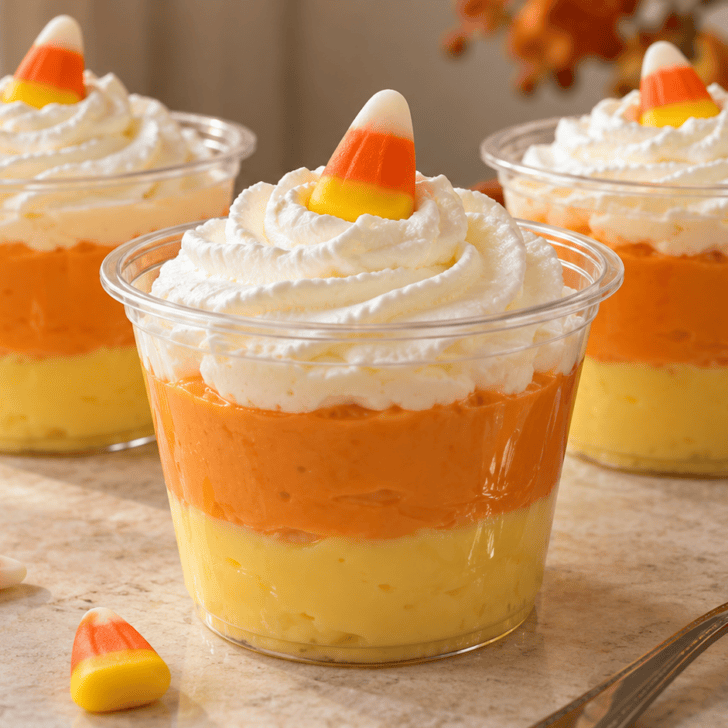 Candy corn pudding cups with yellow banana pudding, orange butterscotch pudding, and white whipped topping garnished with candy corn.