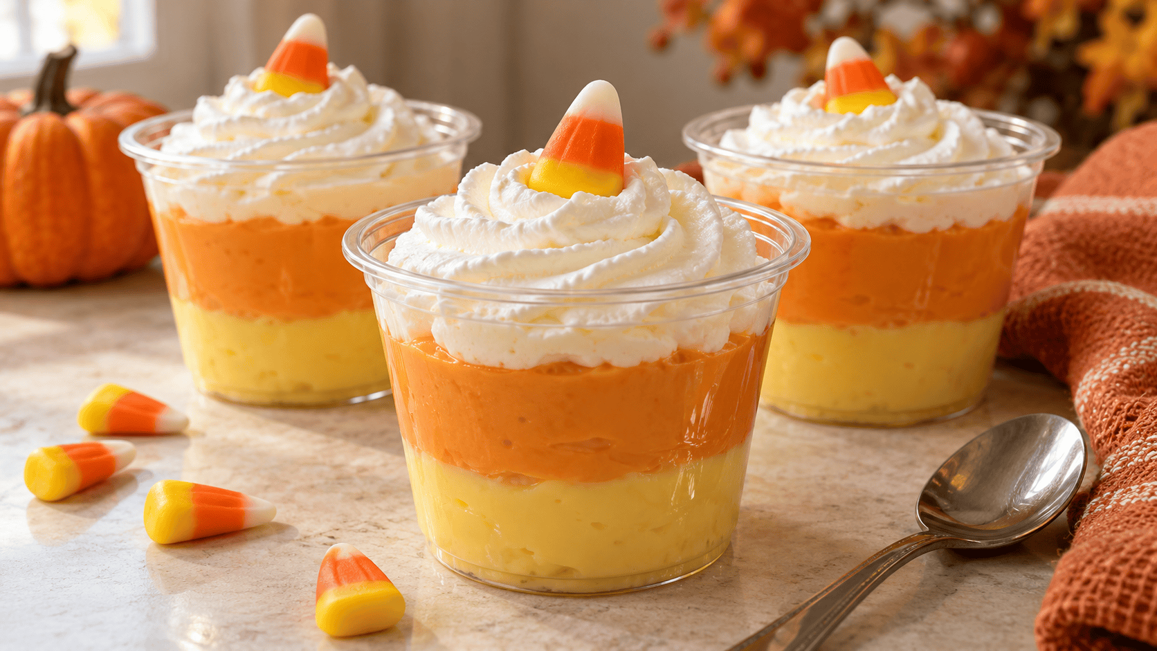 Candy corn pudding cups with yellow banana pudding, orange butterscotch pudding, and white whipped topping garnished with candy corn.