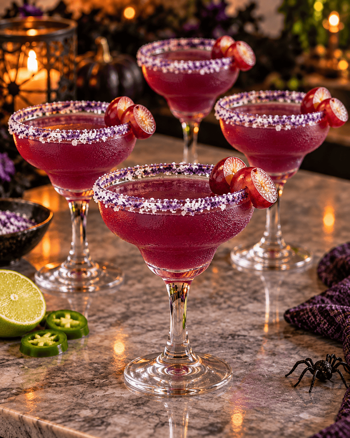 Four purple Franken-Rita margaritas with sugar-and-salt rims and red grape garnishes on a Halloween party counter.