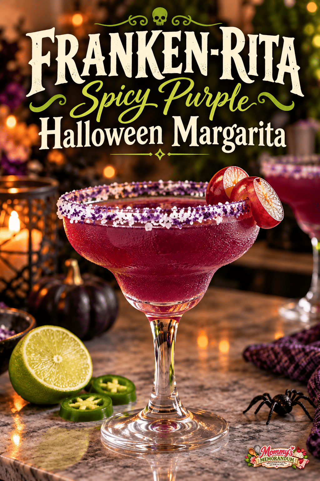 Purple margarita with grape garnish beneath the words &ldquo;Franken-Rita Spicy Purple Halloween Margarita,&rdquo; with a small Mommy&rsquo;s Memorandum logo at bottom right.