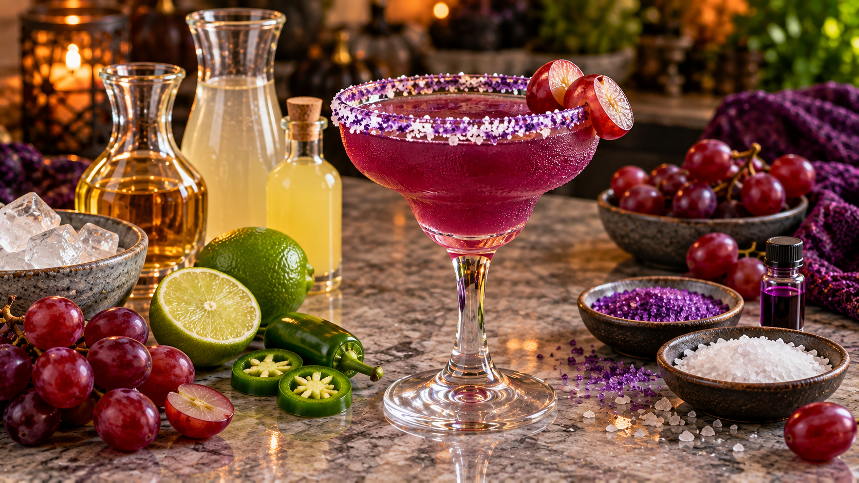 Franken-Rita margarita surrounded by tequila, white cranberry juice, limoncello, limes, jalape&ntilde;o, grapes, purple sugar, salt, and ice.