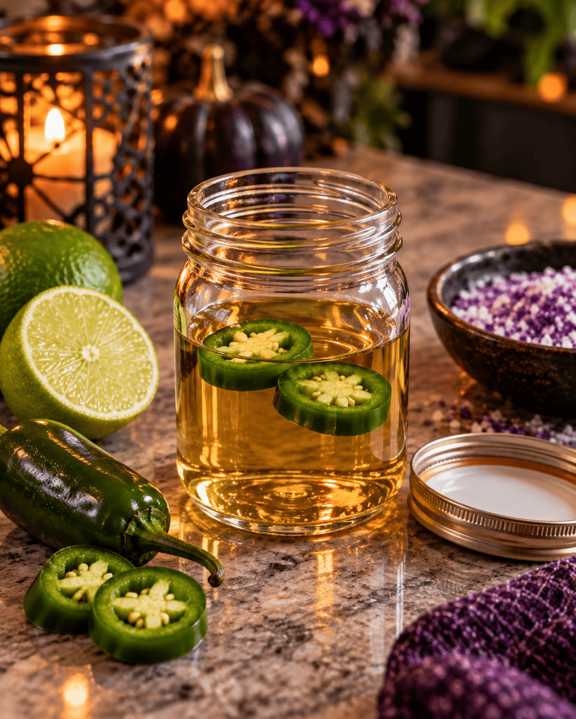 Two jalape&ntilde;o slices in a glass jar of golden tequila, with fresh lime and jalape&ntilde;o nearby.