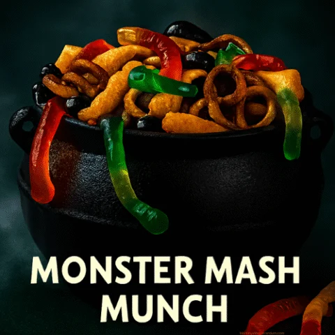 Black cauldron filled with Halloween snack mix including Chex cereal, pretzels, cheese puffs, and gummy worms, styled with moody lighting and foggy background. Text overlay reads &ldquo;Monster Mash Munch &ndash; The Official Mix of Monster Movie Night.&rdquo;