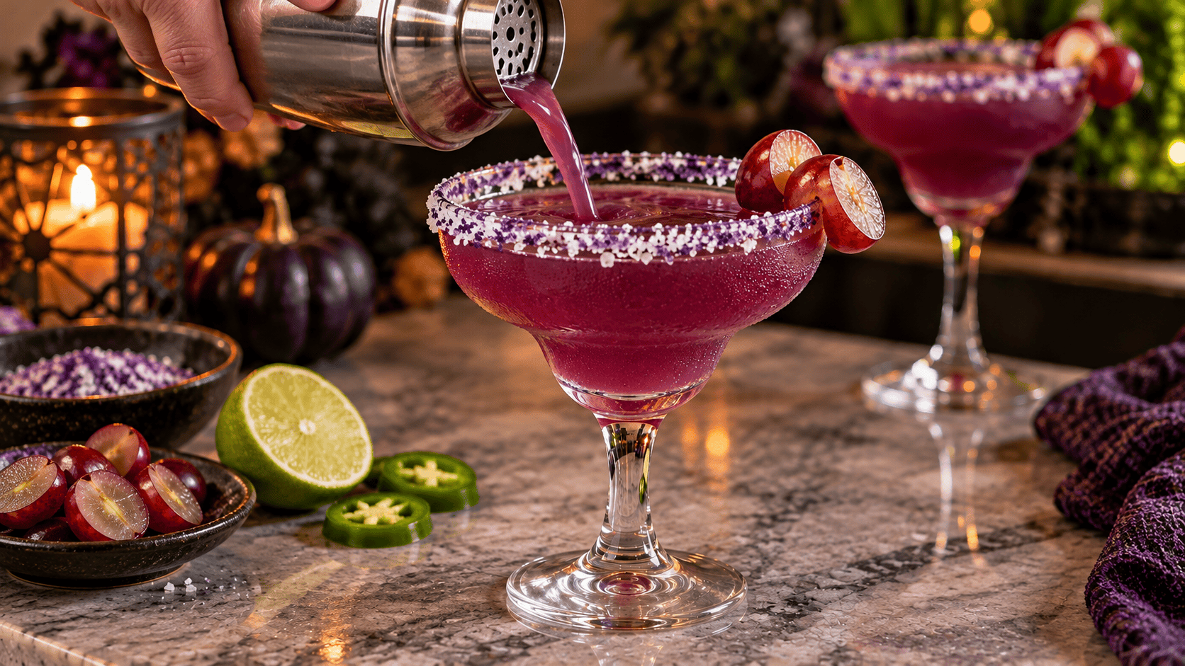 Purple Franken-Rita cocktail pouring from a silver shaker into a sugar-and-salt-rimmed margarita glass with grape garnish.