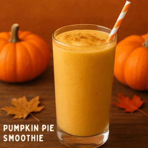 A creamy pumpkin pie smoothie in a glass with cinnamon and fall leaves around it, featuring the tagline &ldquo;Sip Happens, Pumpkin Happens!&rdquo;&mdash;a cozy, fall-themed drink that blends nutrition and flavor.