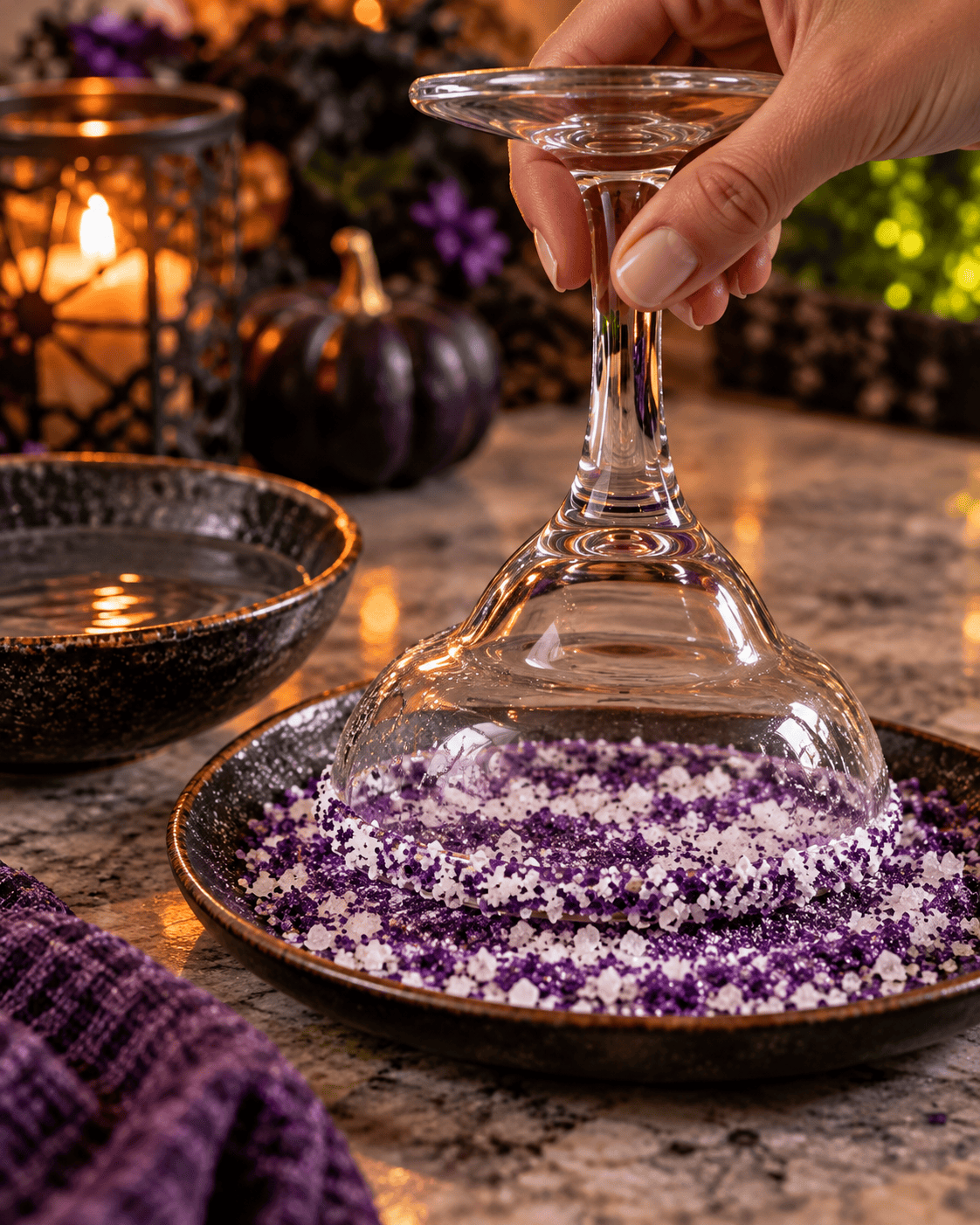 Hand dipping an upside-down margarita glass into purple decorating sugar and coarse white salt.