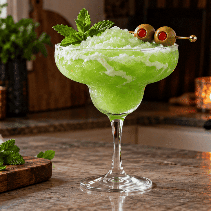 Green frozen Witch’s Lagoon Cocktail with a cream swirl, fresh mint, and two olive eyeballs, with a jack-o’-lantern in the background.