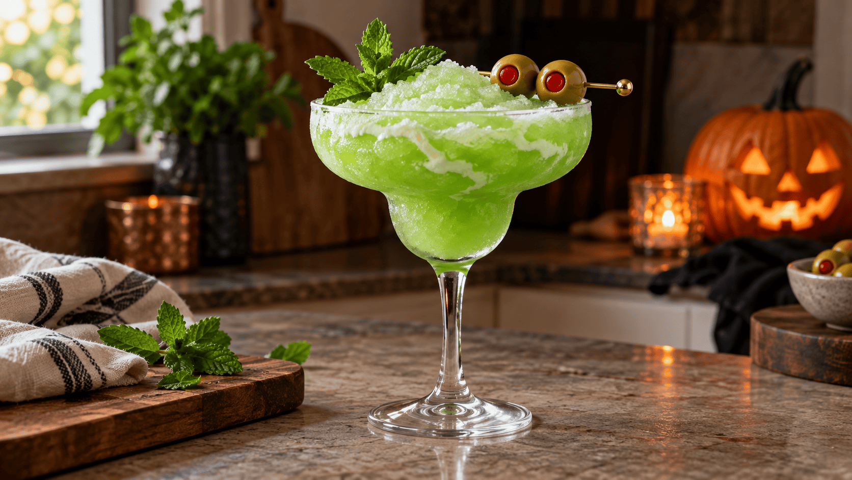 Green frozen Witch’s Lagoon Cocktail with a cream swirl, fresh mint, and two olive eyeballs, with a jack-o’-lantern in the background.