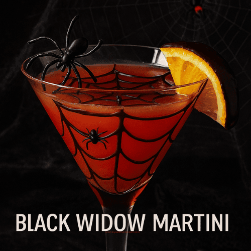 A Halloween-themed Black Widow Martini with a chocolate spider web design inside the glass, filled with a red-orange cocktail and garnished with a chocolate-dipped orange slice and plastic black spiders against a dark spiderweb background.