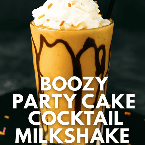 Boozy party cake cocktail milkshake in a clear glass with chocolate drizzle, topped with whipped cream, colorful sprinkles, and a black fondant cat silhouette standing upright in the center. Halloween-themed adult dessert drink with cheeky overlay text: ‘BOOZY PARTY CAKE COCKTAIL MILKSHAKE – DIG IN, GROWNUPS (and bring friends)’.”