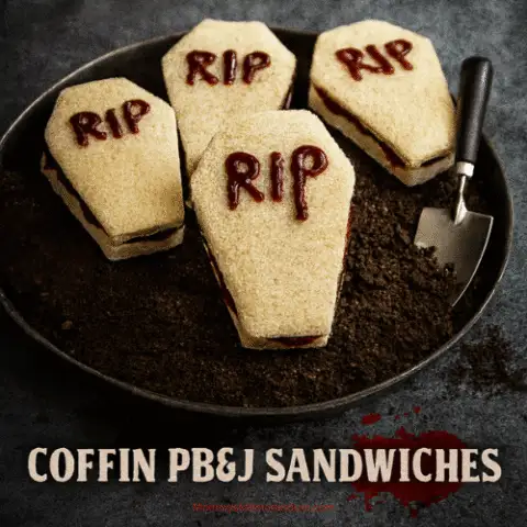 Coffin-shaped peanut butter and jelly sandwiches arranged on a serving tray filled with Oreo cookie crumbs, styled like a spooky graveyard with a small shovel and jelly &ldquo;RIP&rdquo; piping on each sandwich.