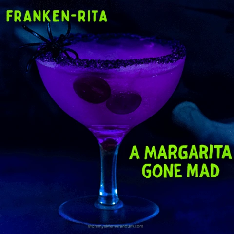 A neon purple margarita garnished with grape halves and a plastic spider, set in front of Frankenstein&rsquo;s monster lying on a lab table. The drink glows under moody lighting with bold green overlay text reading &ldquo;The Franken-Rita: A Margarita Gone Mad.&rdquo;