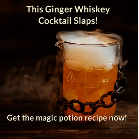 Smoky ginger whiskey cocktail in beaker glass with dry ice and overlay text &ldquo;Witch Please! This Ginger Whiskey Cocktail Slaps!&rdquo;