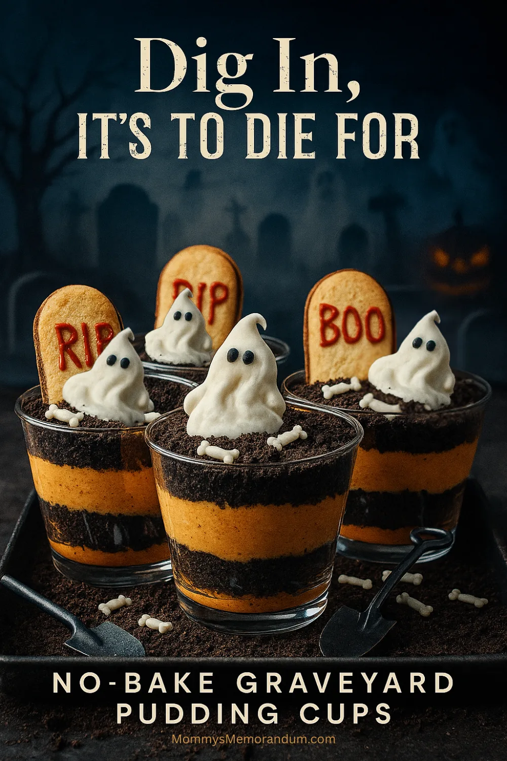No-Bake Graveyard Pudding Cups No-bake graveyard pudding cups with orange pudding, brownie dirt, whipped cream ghosts, and Milano cookie tombstones