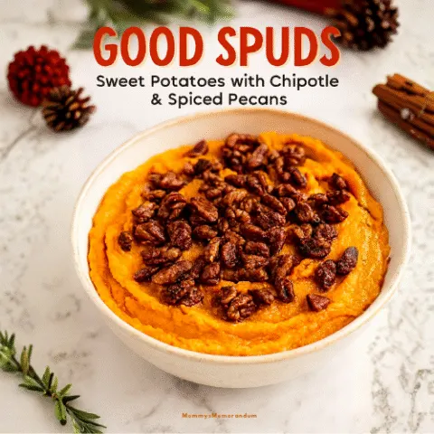High-resolution image of creamy orange sweet potato mash topped with glossy spiced pecans, served in a rustic ceramic bowl. Styled with festive holiday decor including pine sprigs and warm lighting, perfect for a Thanksgiving or holiday table.