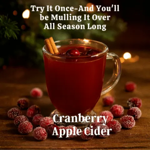Cranberry Apple Cider served in a clear Irish coffee mug, garnished with fresh cranberries and a cinnamon stick. Sugared cranberries scattered on the table add a festive touch. Warm lighting and evergreen branches in the background create a cozy holiday atmosphere.