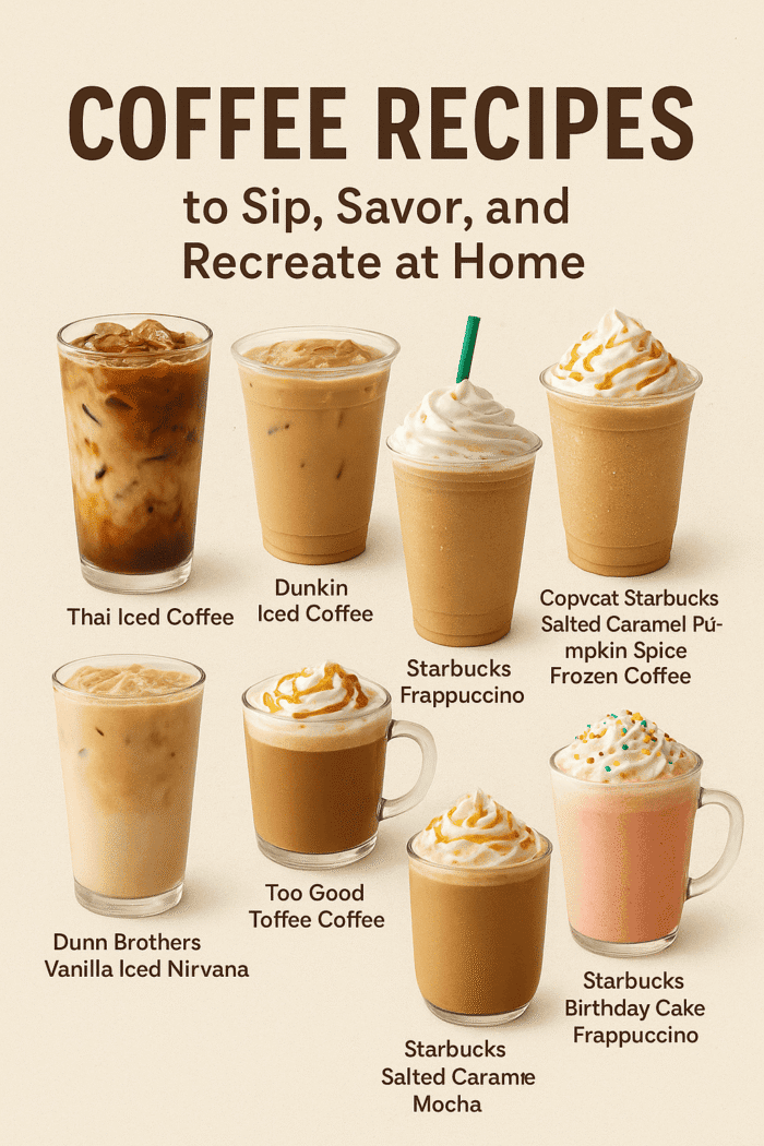 A warm, inviting collage of eight beautifully styled coffee drinks, including Thai Iced Coffee, Dunkin Iced Coffee, Starbucks Frappuccino, and Salted Caramel Mocha, with the text “Coffee Recipes to Sip, Savor, and Recreate at Home” displayed across the image.