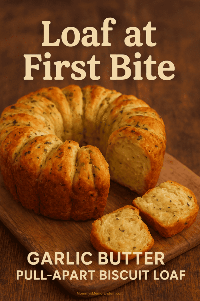 Golden Garlic Butter Pull-Apart Biscuit Loaf on a rustic wooden table with flaky layers brushed with melted garlic butter and herbs. Easy no-yeast bread made with canned biscuits.