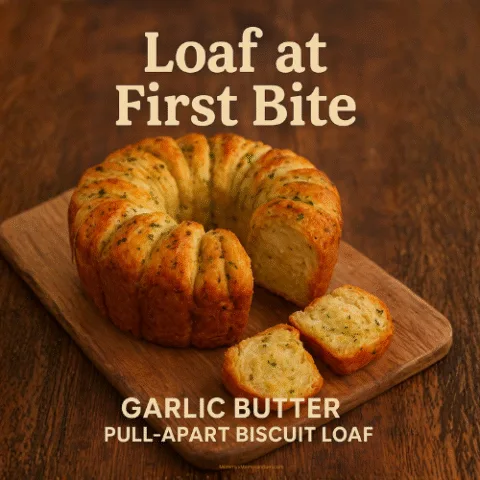 Close-up of a golden Garlic Butter Pull-Apart Biscuit Loaf on a rustic wooden table, with a few pieces pulled apart to reveal soft, flaky layers brushed with garlic butter and herbs &mdash; an easy, no-yeast bread made with canned biscuits.