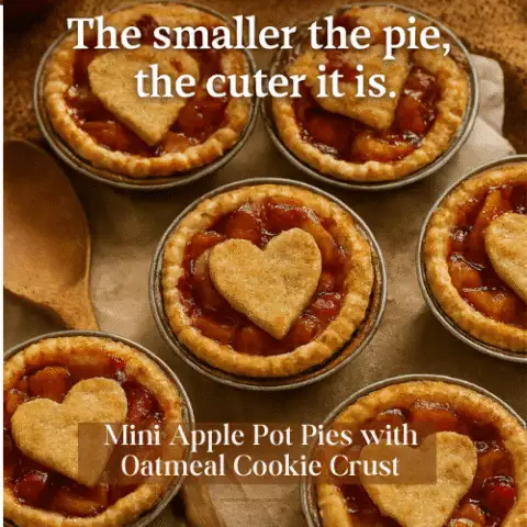 Overhead image of eight Mini Apple Pot Pies in rustic metal pans, each topped with a golden crust and heart-shaped cutout. The pies sit on parchment paper with warm-toned props like cinnamon sticks and a wooden spoon, evoking a cozy autumn kitchen vibe.