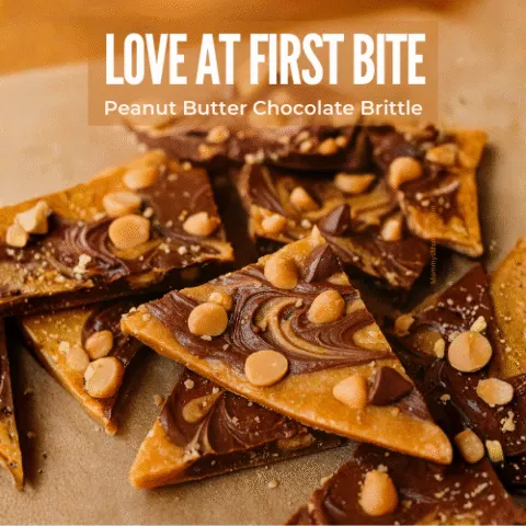 Holiday-styled Peanut Butter Chocolate Brittle with glossy chocolate and peanut butter chips, stacked and ready to gift.