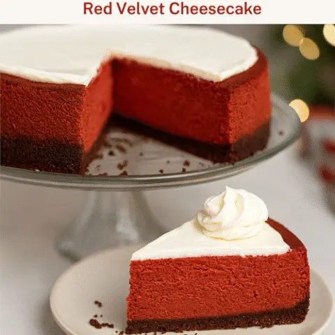 Red Velvet Cheesecake on a glass cake stand with a slice removed, showing crumbs and creamy red filling. A plated slice topped with whipped cream sits in the foreground, styled for a festive holiday setting with soft bokeh lights.