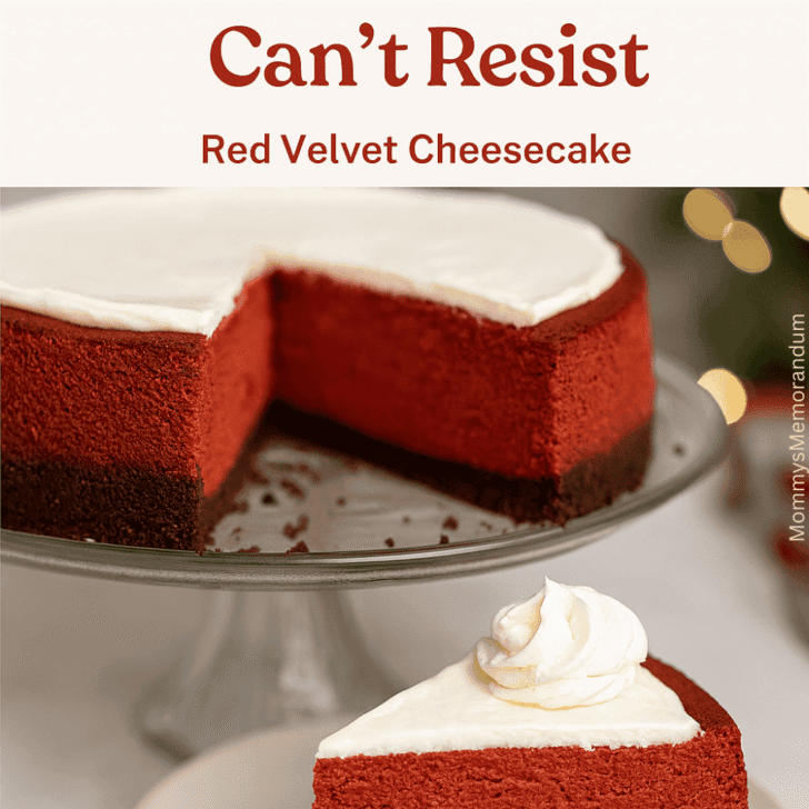 Red Velvet Cheesecake on a glass cake stand with a slice removed, showing crumbs and creamy red filling. A plated slice topped with whipped cream sits in the foreground, styled for a festive holiday setting with soft bokeh lights.
