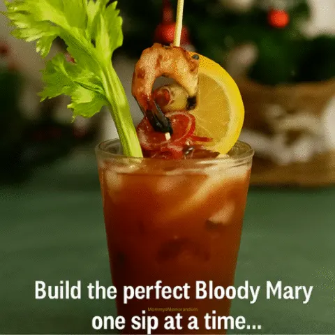 Holiday-themed Bloody Mary cocktail garnished with shrimp, salami, olives, celery, and lemon, set against a festive background with Christmas lights and pine branches. Text overlay reads &ldquo;Tomato Juice or tomat-no juice? Build the perfect bloody mary one sip at a time.&rdquo;