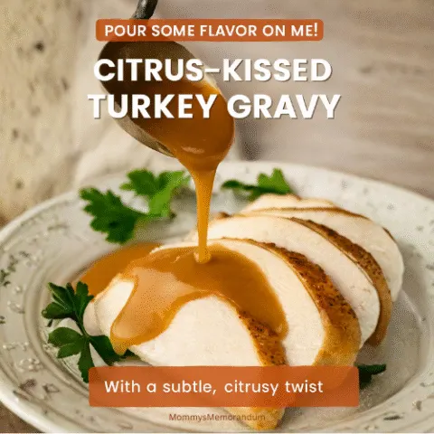 High-quality image of golden citrus-kissed turkey gravy being poured from a ladle onto thick slices of roasted turkey, garnished with fresh parsley. The gravy has a glossy sheen and rich texture, styled for a cozy holiday table.