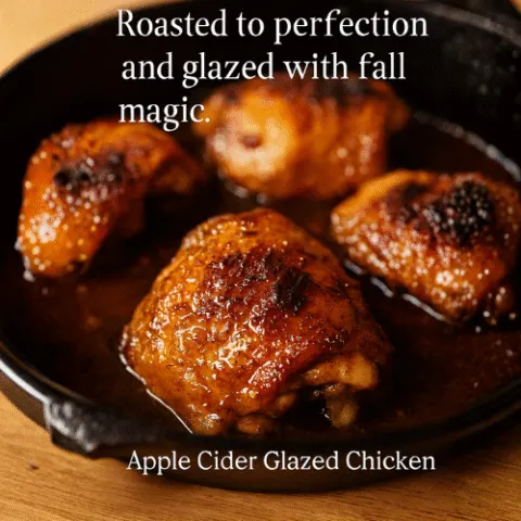 Close-up of apple cider glazed chicken thighs in a cast iron skillet, caramelized and glossy with a sticky apple cider glaze. Styled with warm lighting and fall props for a cozy, seasonal feel.