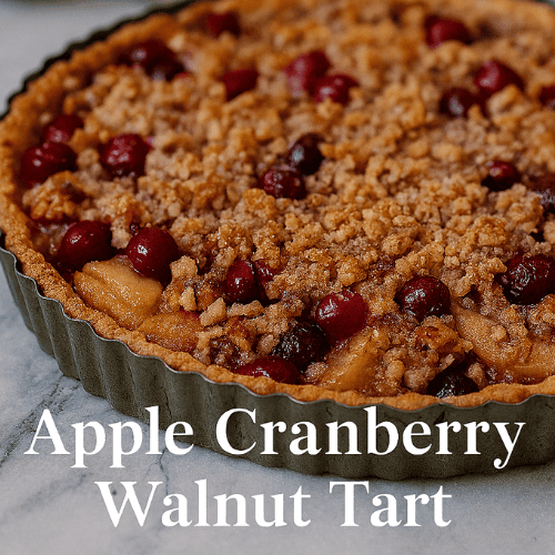 Close-up of a festive Apple Cranberry Walnut Tart with golden streusel topping, styled on marble with pinecone and evergreen sprigs, captioned “Holiday flavors without the hassle, but all the applause” and “Apple Cranberry Walnut Tart.”