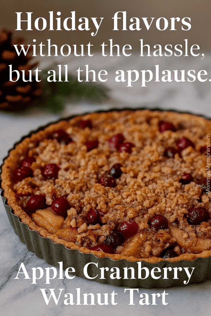 Apple Cranberry Walnut Tart Close-up of a festive Apple Cranberry Walnut Tart with golden streusel topping, styled on marble with pinecone and evergreen sprigs