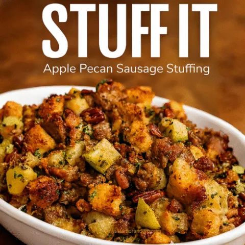 Close-up of golden Apple Pecan Sausage Stuffing in a white ceramic dish, featuring toasted bread cubes, tart green apples, savory sausage, and chopped pecans. Text overlay reads &ldquo;STUFF IT &ndash; Apple Pecan Sausage Stuffing.&rdquo; Rustic autumn background with warm lighting.