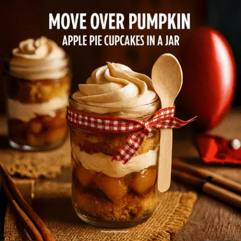 A rustic mason jar filled with layers of cinnamon cupcake, apple pie filling, and swirled frosting. The jar is tied with a red gingham ribbon and a mini wooden spoon, styled on a burlap cloth with warm lighting for a cozy fall vibe.