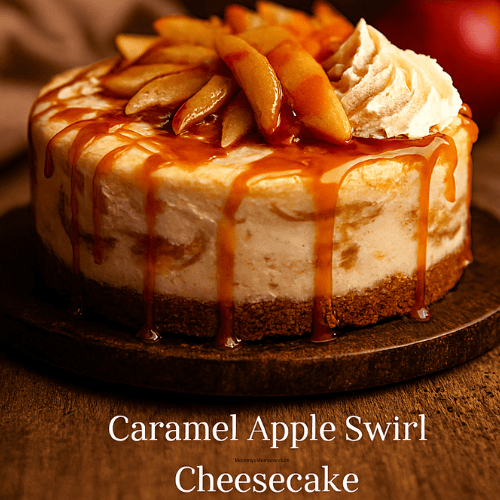 A cozy fall cheesecake topped with caramel-glazed apple slices and whipped cream, set on a rustic wooden board with warm lighting and autumn accents.