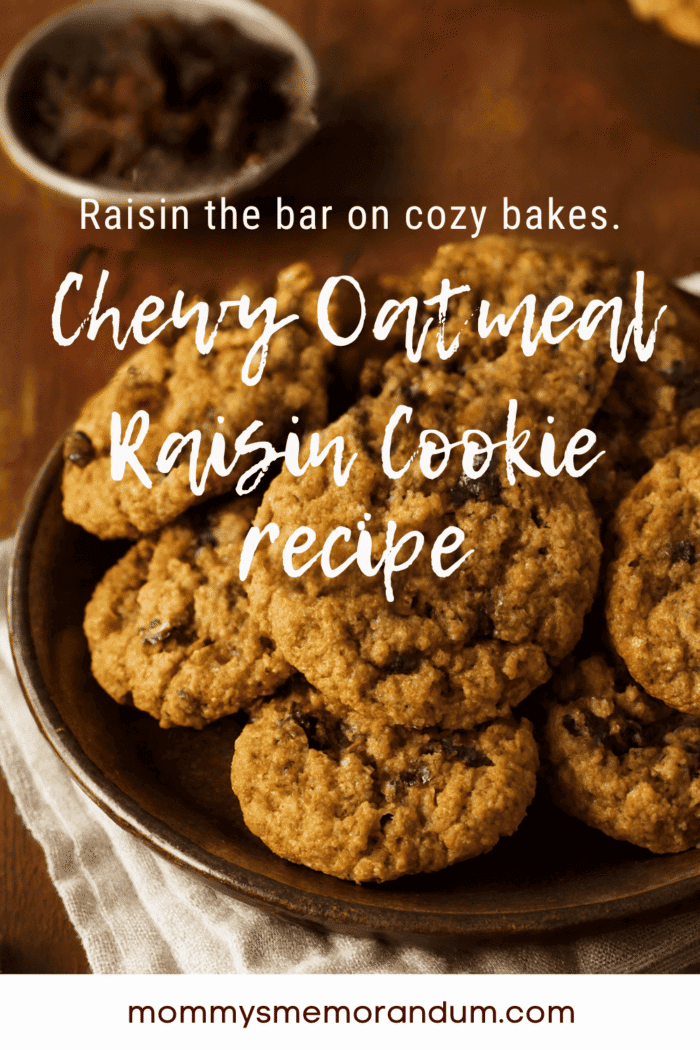 Chewy oatmeal raisin cookies displayed on a rustic ceramic plate with warm lighting.