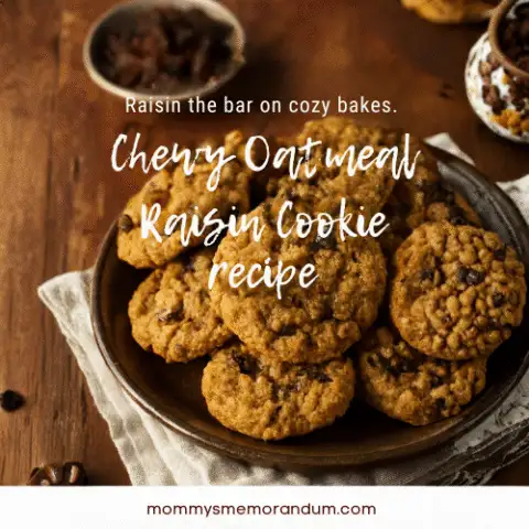 A plate of chewy oatmeal raisin cookies on a rustic ceramic dish with warm lighting and a cheeky overlay that reads &ldquo;Raisin the Bar on Cozy Bakes: Chewy Oatmeal Raisin Cookie recipe.&rdquo;