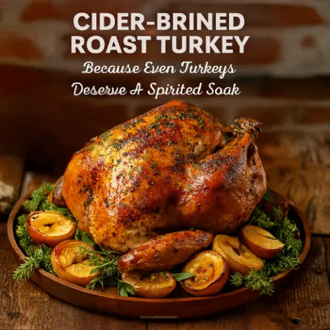 Golden-brown cider-brined roast turkey on a festive platter with caramelized apples, pears, and fresh herbs. Styled for the holidays with warm lighting and rustic charm. Overlay text reads: &ldquo;Cider-Brined Roast Turkey &ndash; Because Even Turkeys Deserve A Spirited Soak.&rdquo;