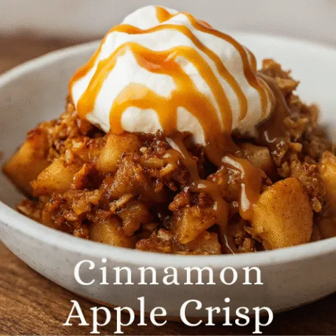 Close-up of cinnamon apple crisp in a white bowl, topped with whipped cream and caramel drizzle. Text overlay reads &ldquo;So good it might land you on the Nice List&rdquo; with subtitle &ldquo;Cinnamon Apple Crisp.&rdquo; Warm lighting and rustic background evoke cozy fall vibes.