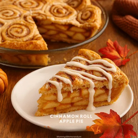 A slice of Cinnamon Roll Apple Pie on a white plate showing moist apple layers, flaky cinnamon-sugar crust, and cream cheese drizzle, with the full pie in a glass dish behind it surrounded by pumpkins and fall leaves.