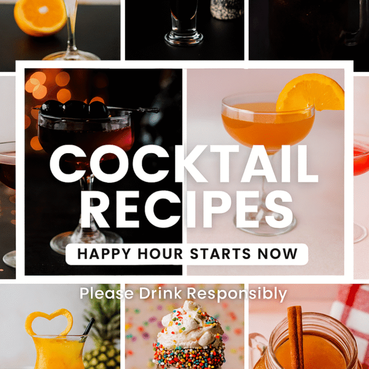Collage of colorful cocktails with central overlay text reading &ldquo;Cocktail Recipes &ndash; Happy Hour Starts Now&rdquo; and a footer that says &ldquo;Please Drink Responsibly.&rdquo;