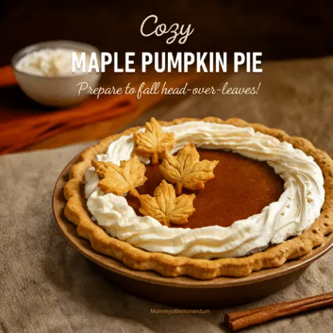 High-resolution image of a Cozy Maple Pumpkin Pie with golden fluted crust, deep orange pumpkin filling, piped maple whipped cream, and decorative pastry maple leaves. Styled on a rustic table with warm lighting, cinnamon sticks, and autumn props for a cozy seasonal feel.