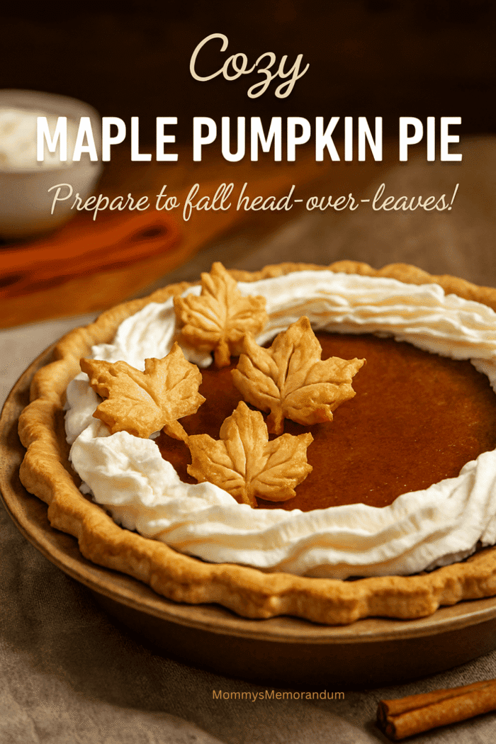 Cozy Maple Pumpkin Pie with Maple Whipped Cream & Pastry Leaves Cozy Maple Pumpkin Pie with fluted golden crust, maple whipped cream, and pastry maple leaves on rustic table