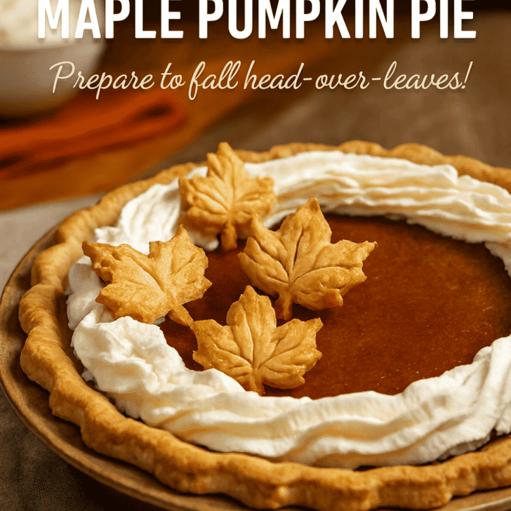 High-resolution image of a Cozy Maple Pumpkin Pie with golden fluted crust, deep orange pumpkin filling, piped maple whipped cream, and decorative pastry maple leaves. Styled on a rustic table with warm lighting, cinnamon sticks, and autumn props for a cozy seasonal feel.