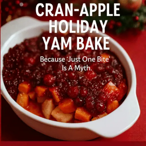 Close-up of Cran-Apple Holiday Yam Bake in a white ceramic dish, topped with glossy cranberry-orange sauce, styled with festive holiday d&eacute;cor including pine sprigs and red berries. Text overlay reads: &ldquo;Cran-Apple Holiday Yam Bake &ndash; Because &lsquo;Just One Bite&rsquo; Is A Myth.&rdquo;