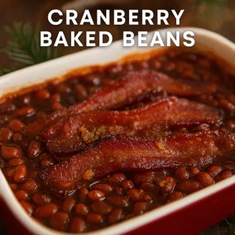 Close-up of cranberry baked beans casserole topped with crispy bacon and brown sugar, styled in a red baking dish with festive holiday decor in the background.